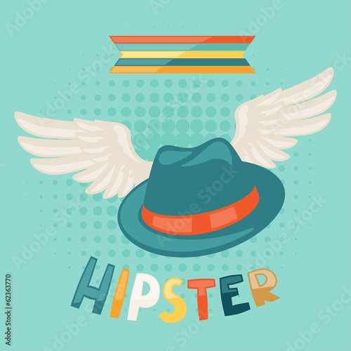  Design with hat and wings in hipster style.