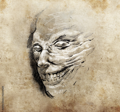  Monster head, Tattoo art, hadmade sketch over vintage paper