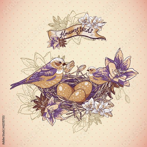  Vintage floral background with birds and nest