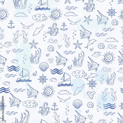 Fototapeta Seamless sea pattern with sea inhabitants on a white background