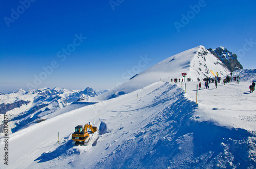 Lacobel Titlis panorama above Truebsee in winter, Engelberg, Switzerland
