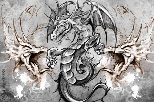 Fototapeta Dragons Tattoo design over grey background. textured backdrop. A