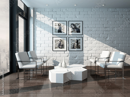  Minimalist living room interior with white brick wall and chairs