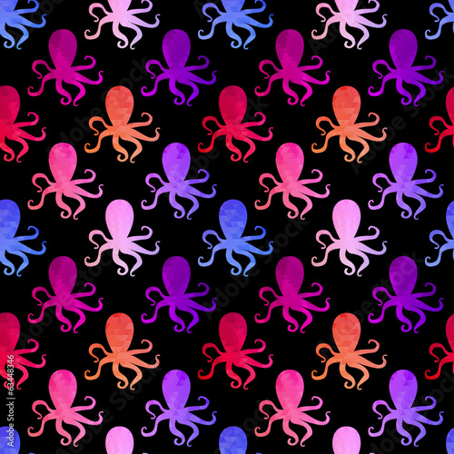 Lacobel seamless pattern with octopus and fishes. Colorful mosaic backdr
