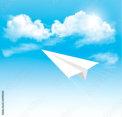 Fototapeta Paper airplane in the sky with clouds. Vector.
