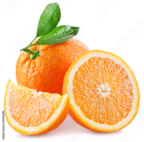 Lacobel Oranges with slice and leaves isolated on a white background.
