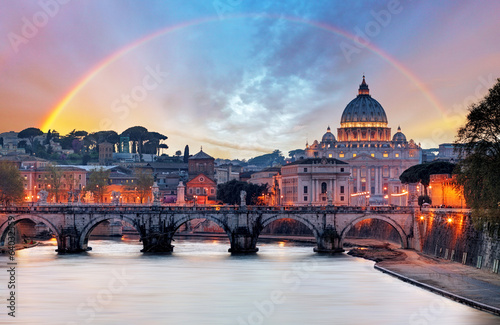 Fototapeta Tiber and St Peter Basilica in Vatican with rainbow, Roma