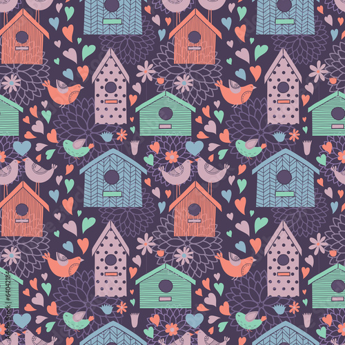 Fototapeta Seamless floral pattern with birdhouses