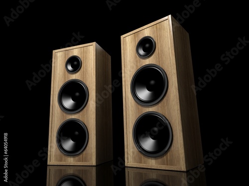 dos-altavoces-de-madera-clasicos-sobre-fondo-negro-con-reflejo