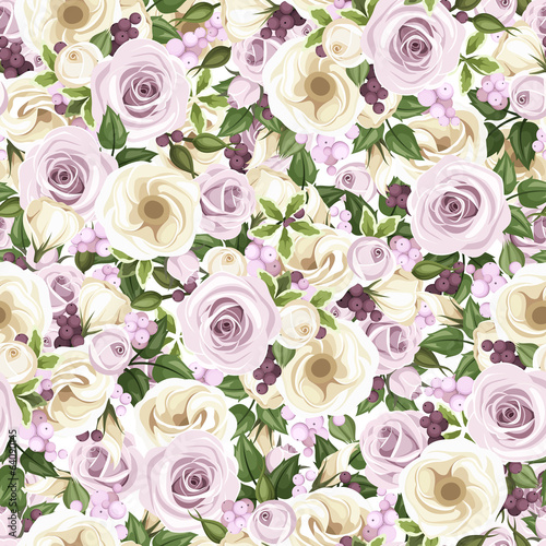  Seamless background with roses and lisianthus flowers. Vector.