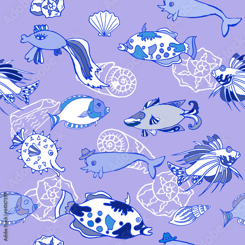 Seamless pattern with blue fishes