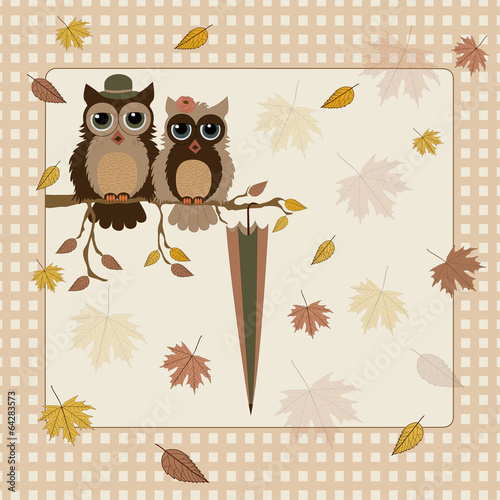 Fototapeta Greeting autumn card with owls