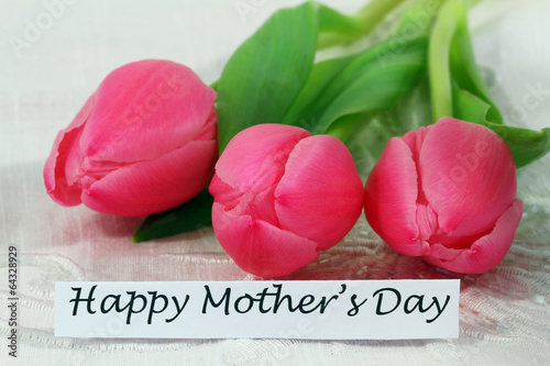 Fototapeta Happy Mother's Day card with pink tulips