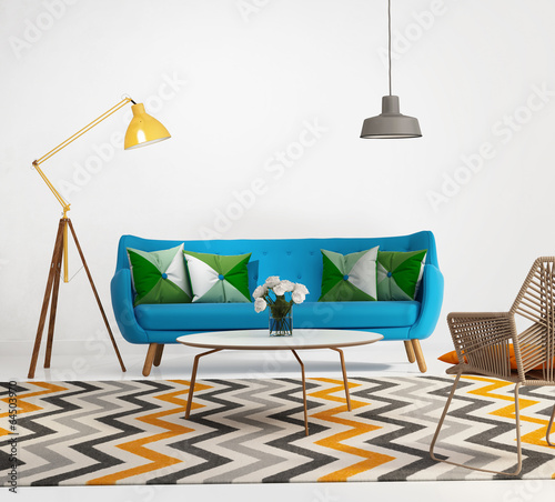 Fototapeta Elegant contemporary fresh interior with bluw sofa