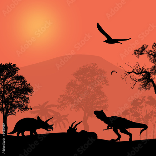  Dinosaurs silhouettes in beautiful landscape