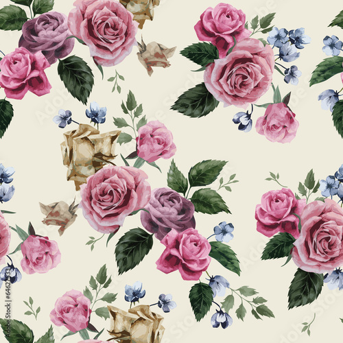 Fototapeta Vector seamless floral pattern with roses on light background