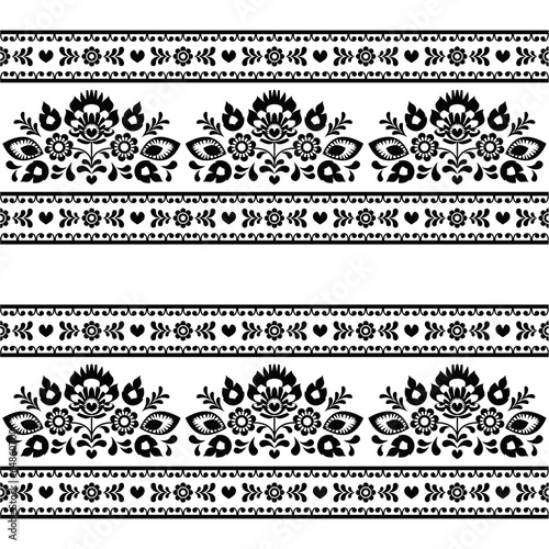  Seamless Polish black folk pattern with flowers on white