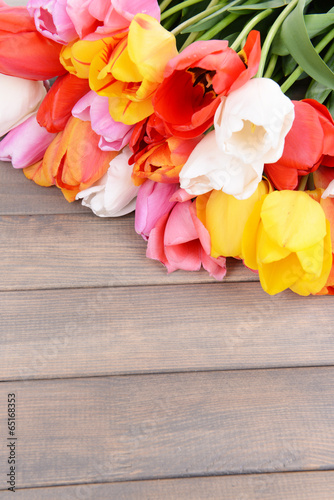 Fototapeta Beautiful tulips in bucket on table close-up