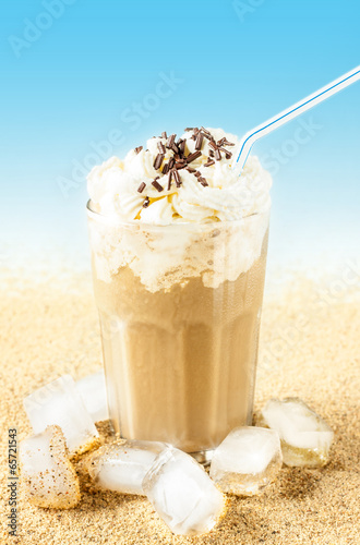  Frappe - iced coffee on beach background