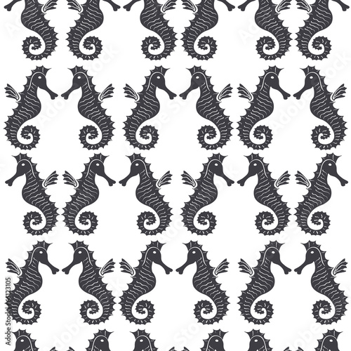 Seamless sea pattern with black sea horses on a white background