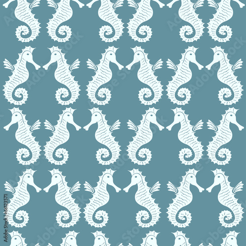 Fototapeta Seamless pattern with sea-horses on a blue background