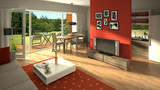 rendering of a modern living room with open kitchen poster
