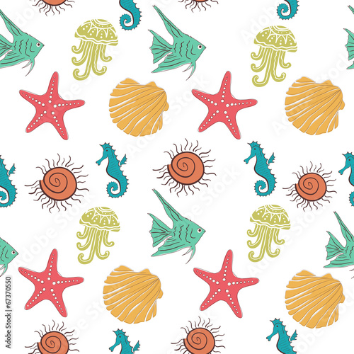 Seamless sea pattern with colorful marine inhabitants