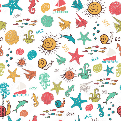  Colorful seamless pattern with sea marine inhabitants