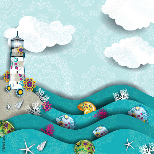 Fototapeta Lighthouse on the sea decorated
