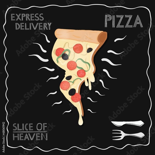  A slice of pizza on chalkboard background