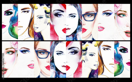 Fototapeta collage of beautiful woman face. watercolor illustration
