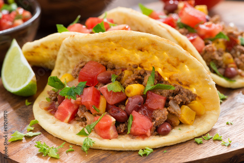 tortillas with chili con carne and tomato salsa Plakát