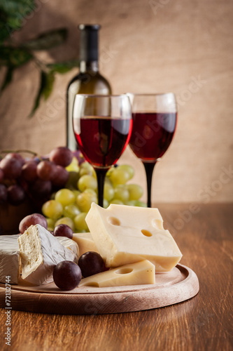 Poster Cheese with a bottle and glasses of red wine