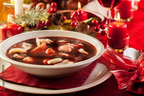 Christmas red borscht with meat filled dumplings