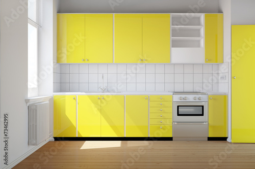 Fototapeta Gelbe Einbauküche in kleiner Küche