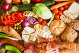 Assorted grocery products, top view poster