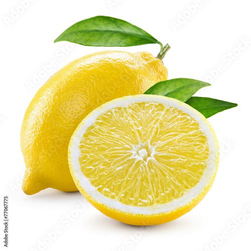 Lemon. Fruit with half and leaves isolated on white © Tim UR