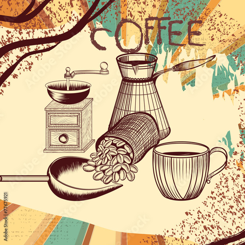 Lacobel Coffee retro poster with hand drawn coffee mill, mug and coffee