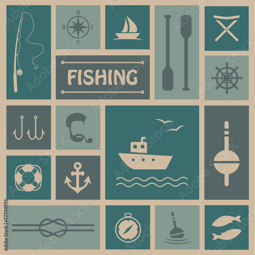 vector fishing background, fish, boat set icons," Stock image and 