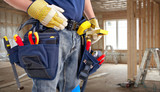 Worker with construction tools. poster