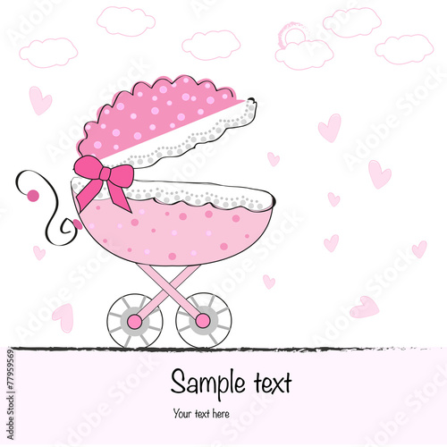 Baby Girl Arrival Greeting Cad With Baby Stroller Vector Poster Id F77959569