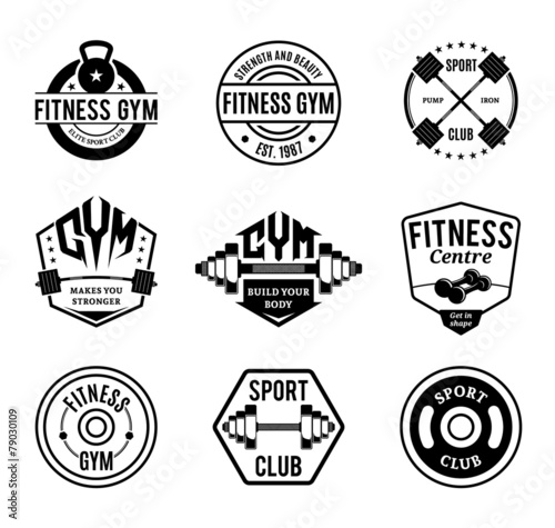 "Vector Black And White Gym And Fitness Logo Labels And