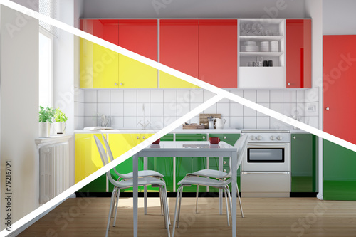 Fototapeta Küchenzeile in Küche in drei Farben