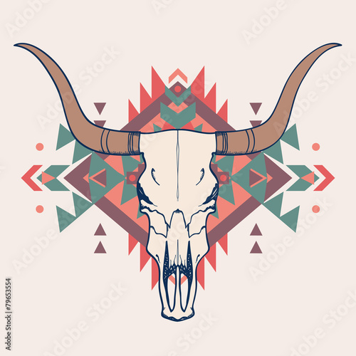 Fototapeta Vector illustration of bull skull with ethnic ornament