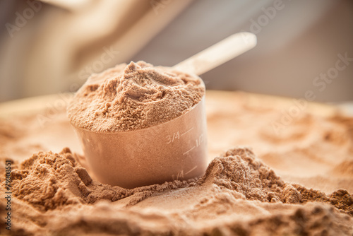 Whey protein scoop. Sports nutrition. poster