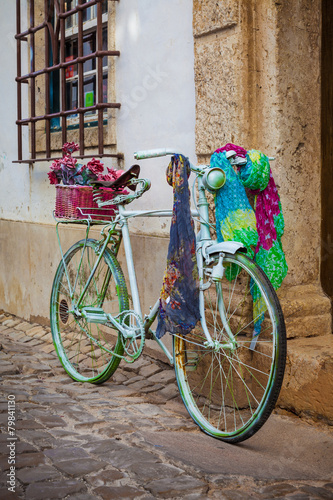 Fototapeta Vintage bicycle leaning against an old door in a medieval street