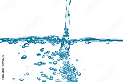 Fototapeta Flowing water with bubbles on white background