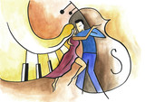 Abstract art design with dancing couple, piano and contra-bass