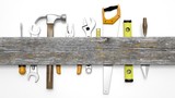 Various tools and wood with copy-space, isolated on white poster