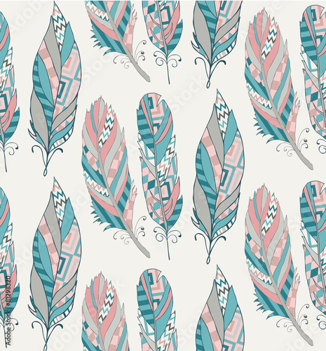  Hand Drawn Pattern with Tribal Feathers